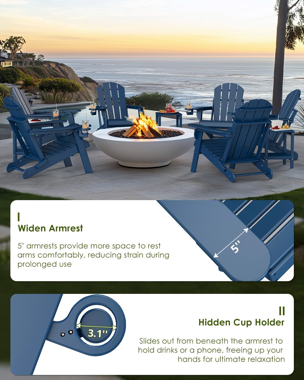 GREENVINES Folding-Adirondack-Chairs-Set-of-2 | HDPE Plastic | Fire Pit Chair | All Weather | Cup Holder | Blue | for Deck Backyard Patio Outdoor Garden
