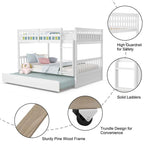 Solid Wood Full Over Full Bunk Bed Frame with Trundle, Safety Ladder & Guardrails, Convertible Bunk Bed for Kids Teens