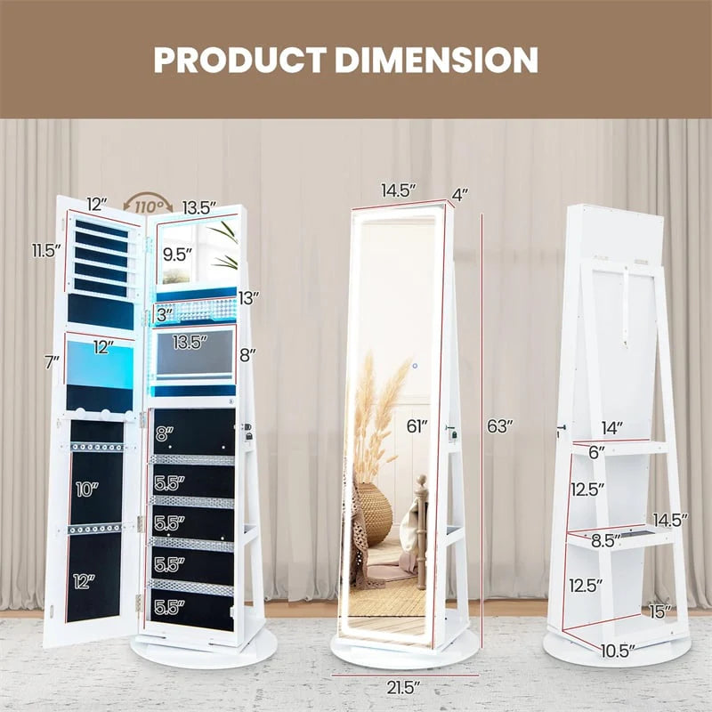 360�� Swivel Jewelry Cabinet Armoire w/ Full Length Mirror 3-Color LED Lights & Rear Shelves, Lockable Standing Jewelry Storage Organizer