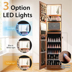 360�� Swivel Jewelry Cabinet Armoire w/ Full Length Mirror 3-Color LED Lights & Rear Shelves, Lockable Standing Jewelry Storage Organizer