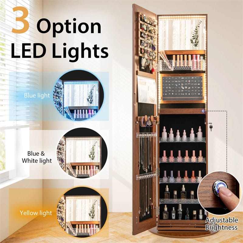 360�� Swivel Jewelry Cabinet Armoire w/ Full Length Mirror 3-Color LED Lights & Rear Shelves, Lockable Standing Jewelry Storage Organizer