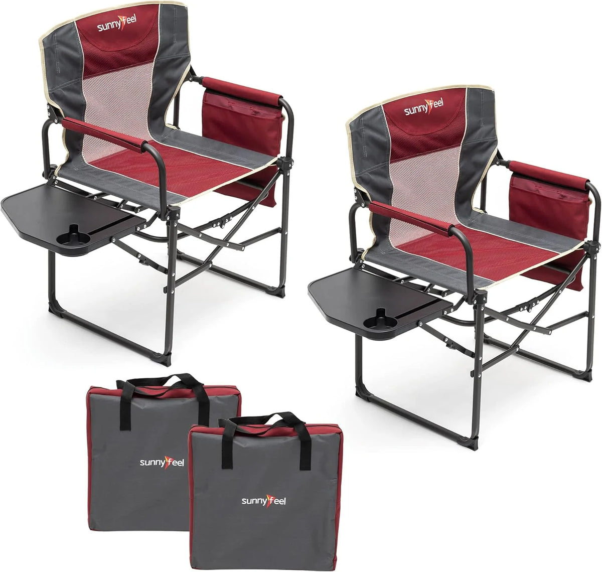 The camping supervisor uses portable folding chairs with side tables and storage bags. These are sturdy and durable, suitable for adults for outdoor use. Each set consists of two (black color)