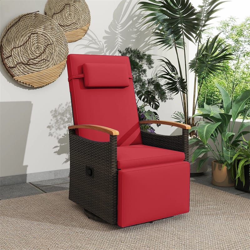 Outdoor Rattan 360�� Swivel Recliner Chair, Patio Wicker Chaise Lounge Chair with Adjustable Backrest & Footrest, Flip Side Table & Cushions