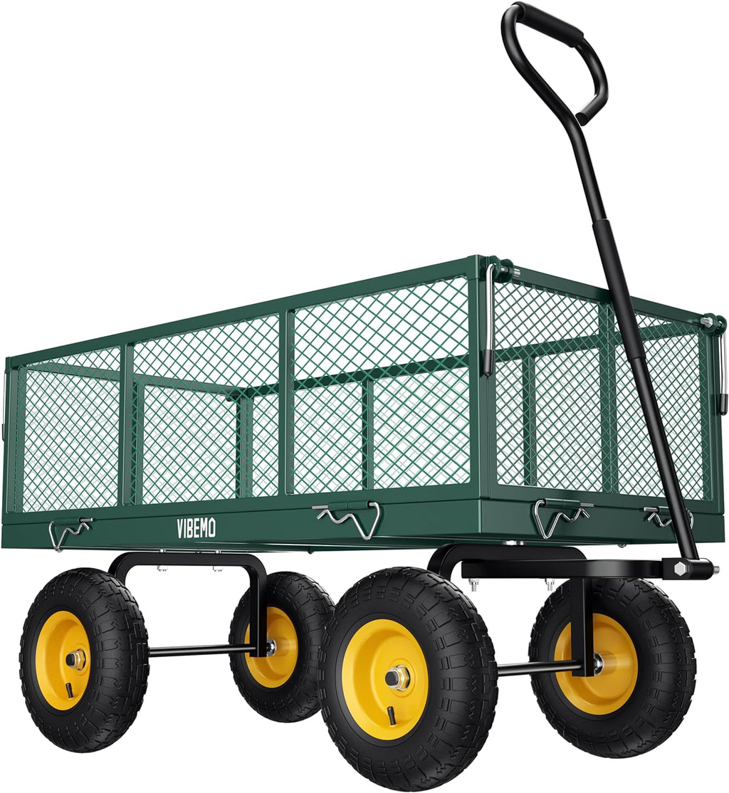 Steel Garden Cart, 2-in-1 1400 lbs Heavy Duty Utility Wagon, with Removable Mesh Sides to Convert into Flatbed, 240° U-Turn 13" Pneumatic Tires Garden Wagon for Farm Yard Lawn Garden Camping