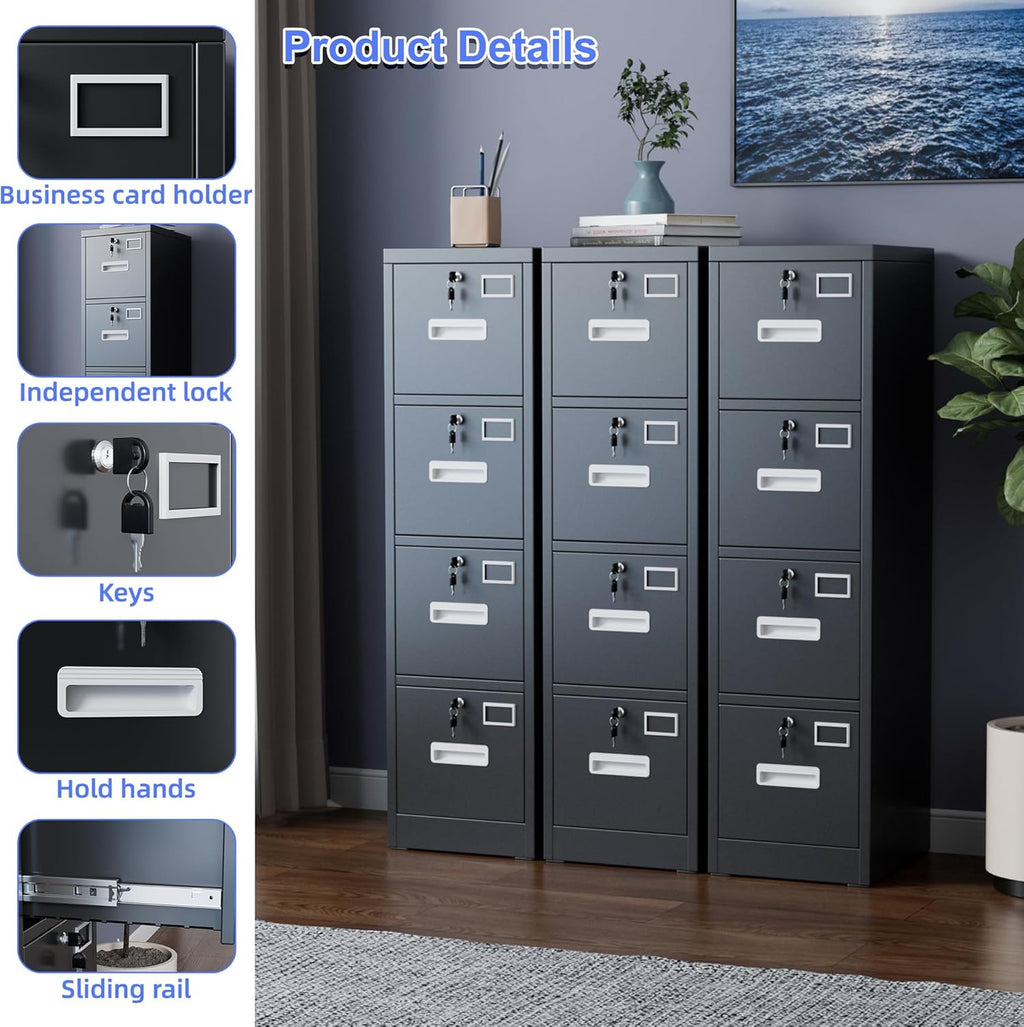 SUXXAN 4 Drawer File Cabinet with Lock and Name Card Slots, Heavy Duty Metal Vertical Filing Cabinet for Home Office for Letter/Legal/A4 Size, 17.72" D x 14.96" W x 55.2" H, Black