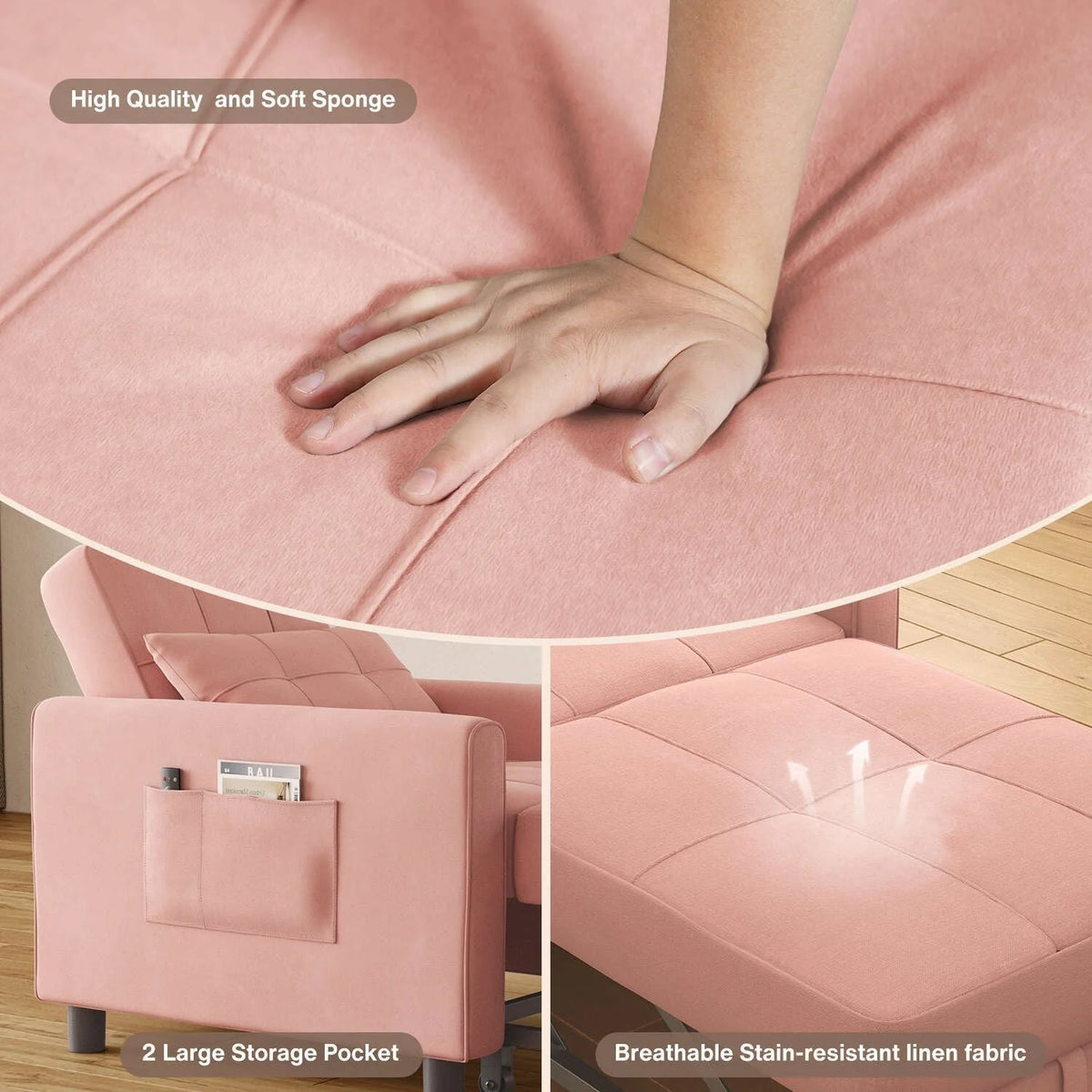 3-in-1 Adjustable Sleeper Sofa Bed, Pull Out Chair Sofa, Convertible Folding Bed for Living Room