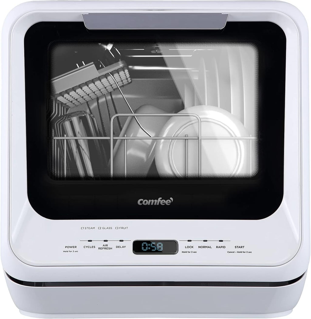 COMFEE' Portable Dishwasher Countertop with 5L Built-in Water Tank, No Hookup Needed, 6 Programs, 360° Dual Spray, 192�?High-Temp& Air-Dry Function, Mini Dishwasher for RVs, White