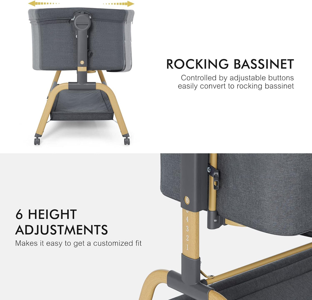 Baby Bassinet, Rocking Bassinets Bedside Sleeper with Comfy Mattress and Wheels, 6 Height Adjustable Easy Folding Portable Bedside Crib for Newborn Infant