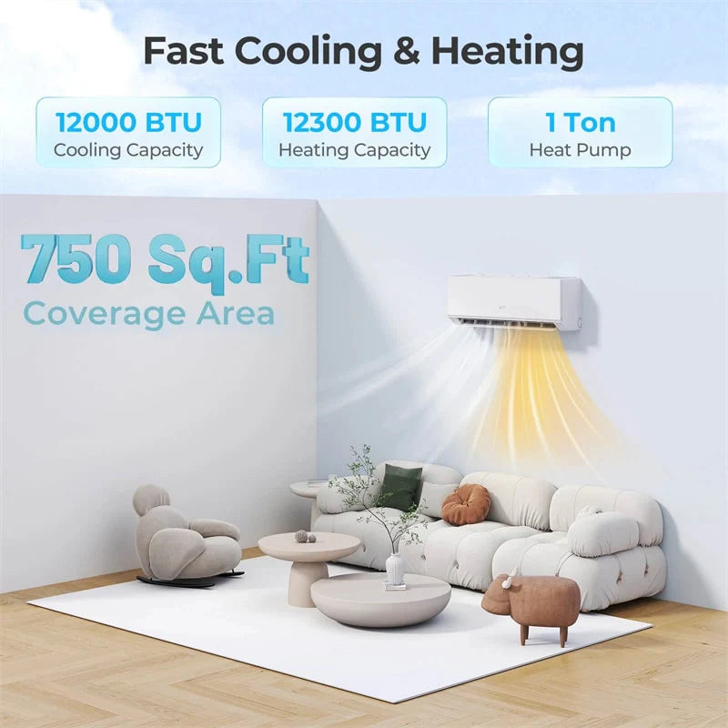 Energy Star Certified 12000 BTU 24 SEER2 Mini Split Air Conditioner with Heat Pump, WiFi Enabled Ductless Inverter AC Unit Cools 750 Sq.Ft