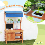 Kids Mud Kitchen Playset, Fir Wood Outdoor Play Kitchen Kids Potting Bench Mud Table with Adjustable Canopy, Sink, 4 Pots, Blackboard