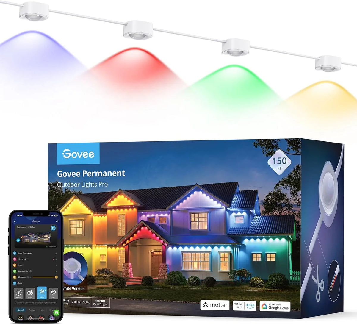 Govee Permanent Outdoor Lights Pro, 100ft with 60 RGBIC LED Lights for Daily and Accent Lighting, 75 Scene Modes for Halloween, IP67 Waterproof, Works with Alexa, Google Assistant, Matter, White