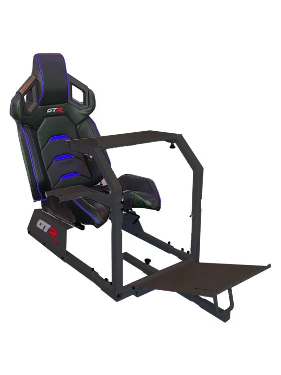 GTA Model Racing Simulator Cockpit Black Frame with Black/Blue Pista Adjustable Leatherette Racing Seat