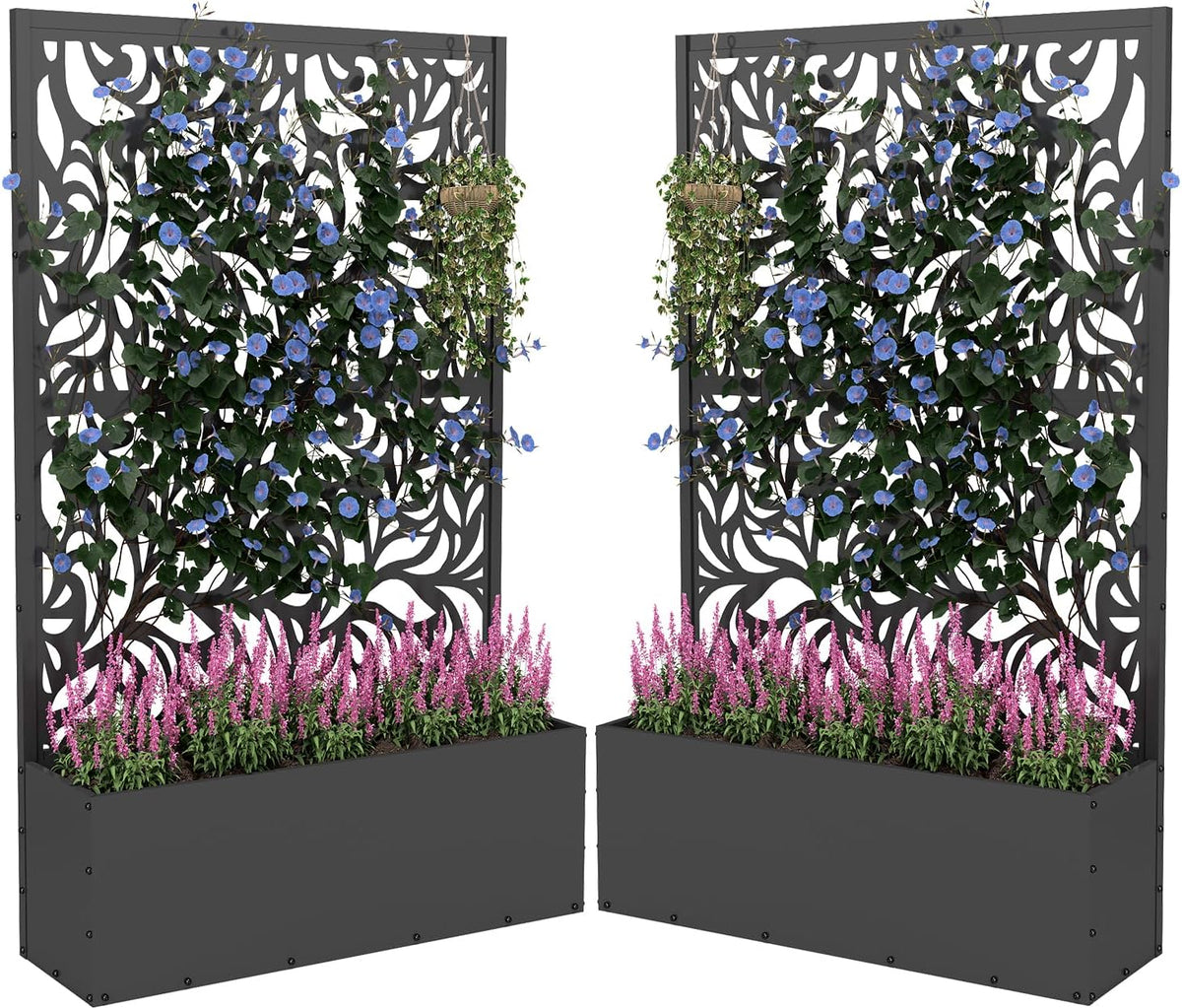 2PCS Metal Planter Box with Trellis 70.9"x47.2"x15.7" Raised Garden Bed with Drainage Holes  Privacy Planters for Outdoor Garden Bed for Climbing Plants Vegetables and Vines  Black-Flower