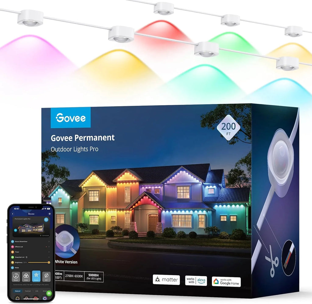 Govee Permanent Outdoor Lights Pro, 100ft with 60 RGBIC LED Lights for Daily and Accent Lighting, 75 Scene Modes for Halloween, IP67 Waterproof, Works with Alexa, Google Assistant, Matter, White