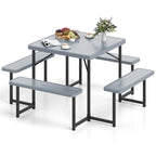4-8 Person Outdoor Picnic Table Bench Set, All-Weather HDPE Square Dining Table with Umbrella Hole, 4 Benches & Metal Frame for Patio Backyard