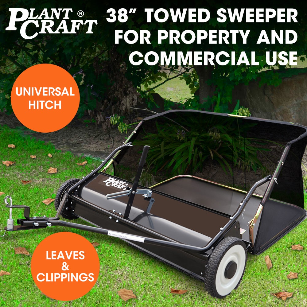 PLANTCRAFT Lawn Sweeper 38" Wide, Tow Behind Leaf and Grass Clipping Collector, Universal Hitch for Ride on Mower, Garden Tractor