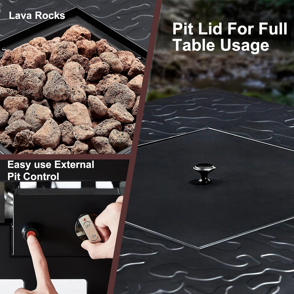 VECELO Propane Fire Pit, 30 Inch Outdoor Gas Fire Table, 50,000 BTU Square Firepit with Lid and Lava Rock, Adjustable Flame Steel Fire Table for Outdoor, Patio, Backyard, Party, Black
