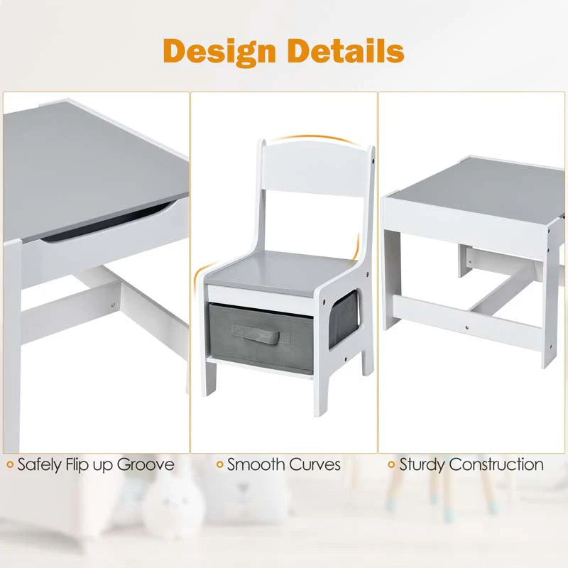 3-in-1 Kids Wood Table Chairs Set with Blackboard & Storage Drawers, Children Multi Activity Table for Learning Playing Drawing