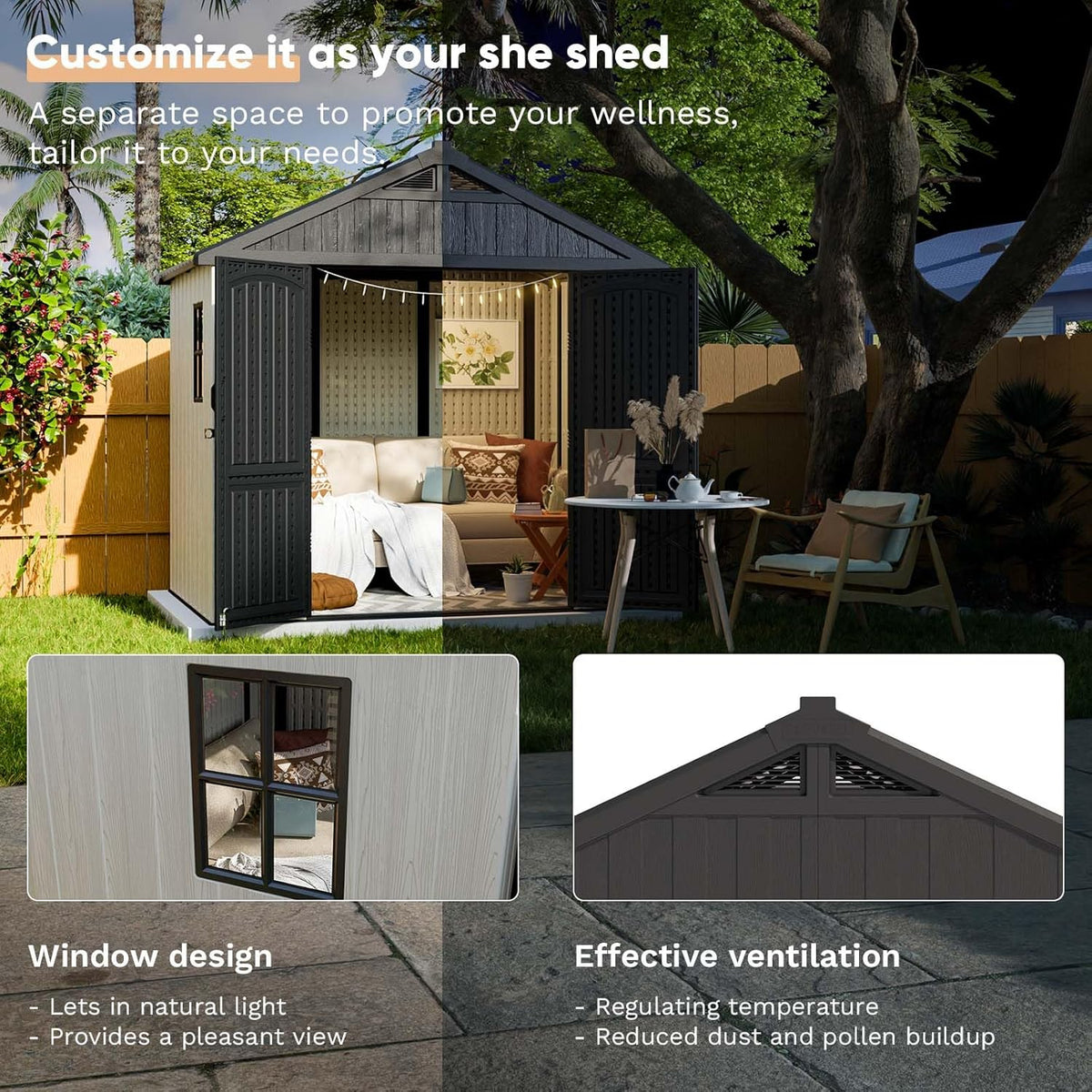 Patiowell 8 x 6 FT Plastic Outdoor Storage Shed with Floor  Resin Shed with Window and Lockable Door for Garden  Backyard  Tool Storage Use  Easy to Install in Beige (Kick-it Shed)