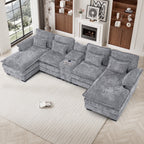 Wiilayok U Shaped Cloud Couch Modular Sectional Sofa 124" Extra Deep Fluffy Chenille Double Chaise Lounge, Central Console w/ Dual USB-C & A Ports, Storm Gray