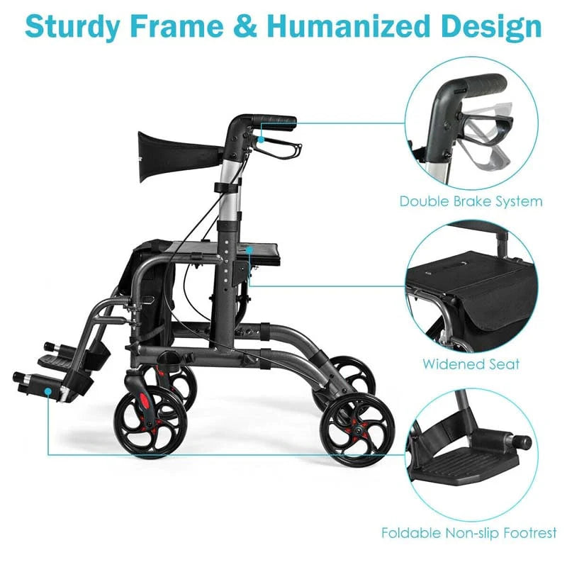 2 in 1 Rollator Walker Wheelchair Folding Medical Walker, Aluminum Transport Chair Mobility Walking Aid