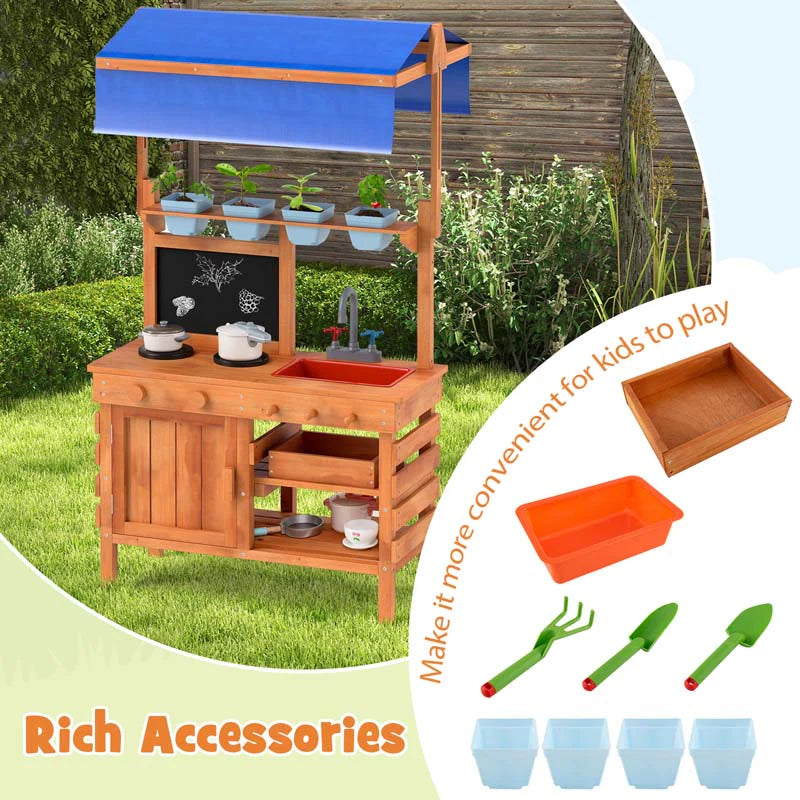 Kids Mud Kitchen Playset, Fir Wood Outdoor Play Kitchen Kids Potting Bench Mud Table with Adjustable Canopy, Sink, 4 Pots, Blackboard