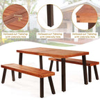 3 Pcs Rustic Acacia Wood Patio Dining Table Set with 2 Benches, Outdoor Picnic Table Bench Set with Umbrella Hole