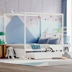 Full Size Canopy Bed with Trundle, Solid Wood Platform Bed Frame with Headboard, Full Bed for Kids Teens Adults