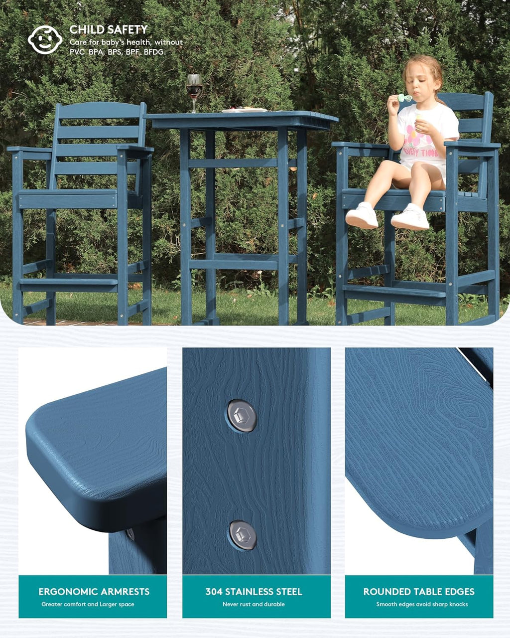 SERWALL Balcony Adirondack Chairs and Table 3 Pieces Set  Adirondack Bar Height Chairs Set of 2 and Bar Table  Outdoor Bar Stools Set for Bistro  Poolside  Backyard  Blue