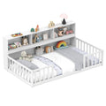 Twin Montessori Floor Bed, Wood Floor Bed Frame with Bookcase, Storage Shelves & Safety Fence Rails for Kids, No Box Spring Needed
