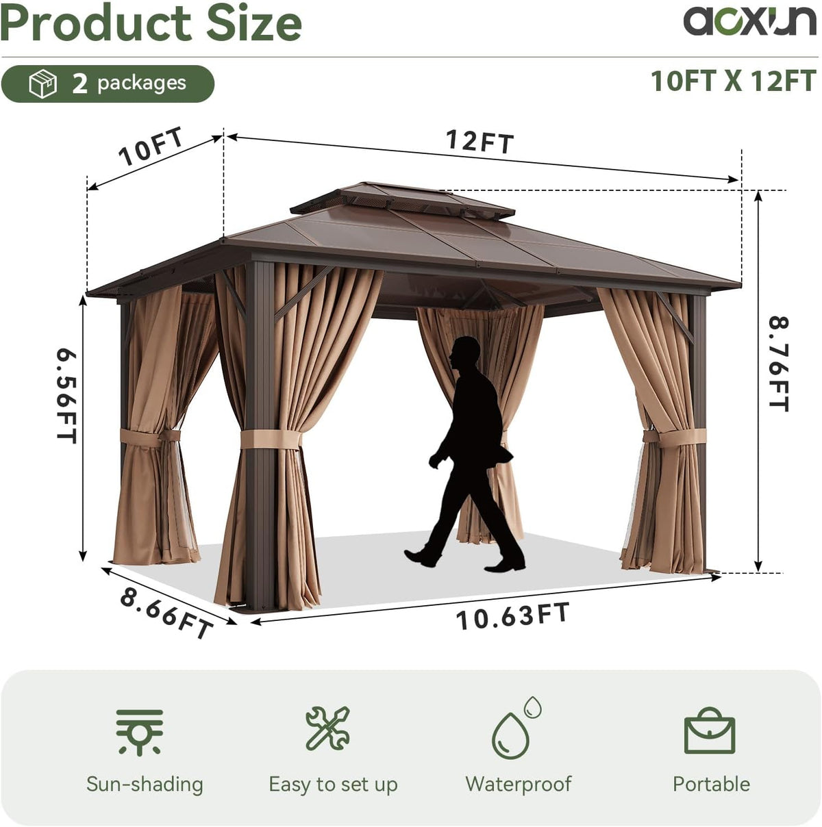 Aoxun 12'x10' Hardtop Gazebo  Aluminum Frame Permanent Pavilion with Curtains and Netting  Outdoor Polycarbonate Double Roof Canopy  Designed for Garden  Lawns  Patio  Brown