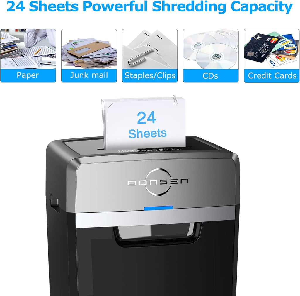 Heavy Duty Paper Shredder, 24-Sheet Cross-Cut Shredder, 40-Min Continuous Running Time, Commercial Grade Shredder for Office, 9-Gallon Big Basket, 55dB Super Quiet, P-4 High Security (S3105)