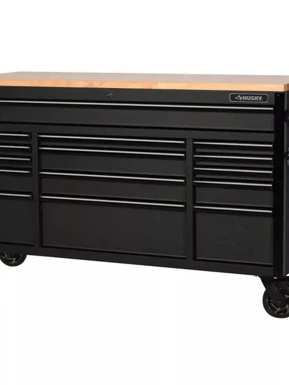 Heavy Duty 61 in. W x 23 in. D 15-Drawer Mobile Workbench with Solid Wood Top