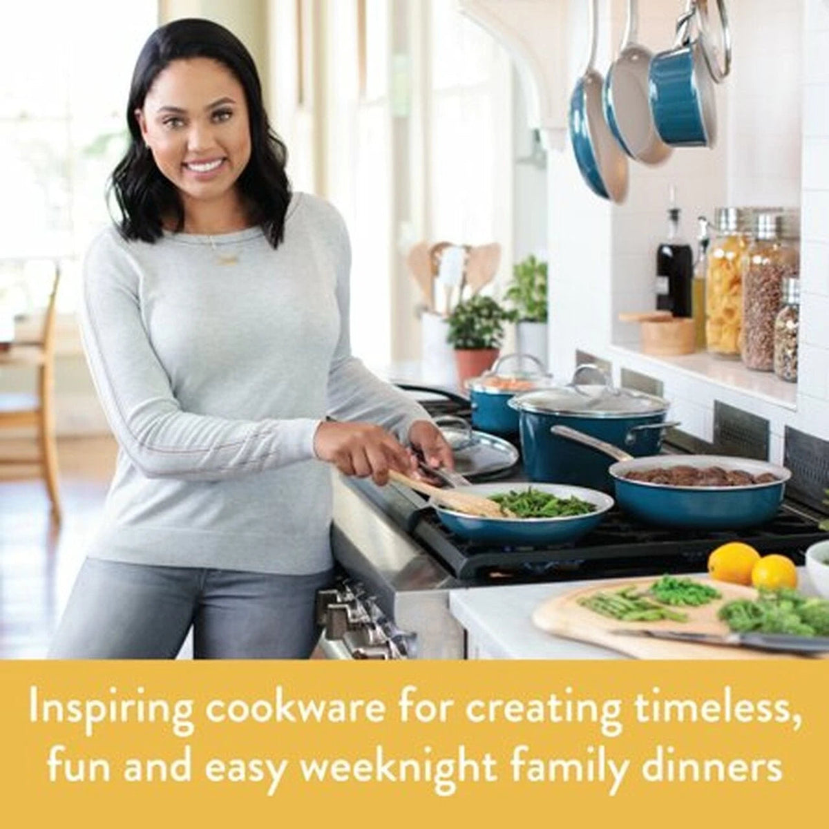 Ayesha Curry 10-Piece Porcelain Enamel Nonstick Pots and Pans Set/Cookware Set, Blue