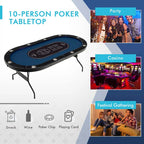 10 Players Folding Game Poker Table for Texas, Card Games, Casino Leisure Table with Cup Holder, 4 USB Ports, Extra Lights