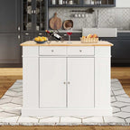 47" x36" x36" Rubber Wood Top Kitchen Island with Drop Leaf, 2 Drawers, Kitchen Storage Cabinets, Spice Racks, Adjustable Shelves