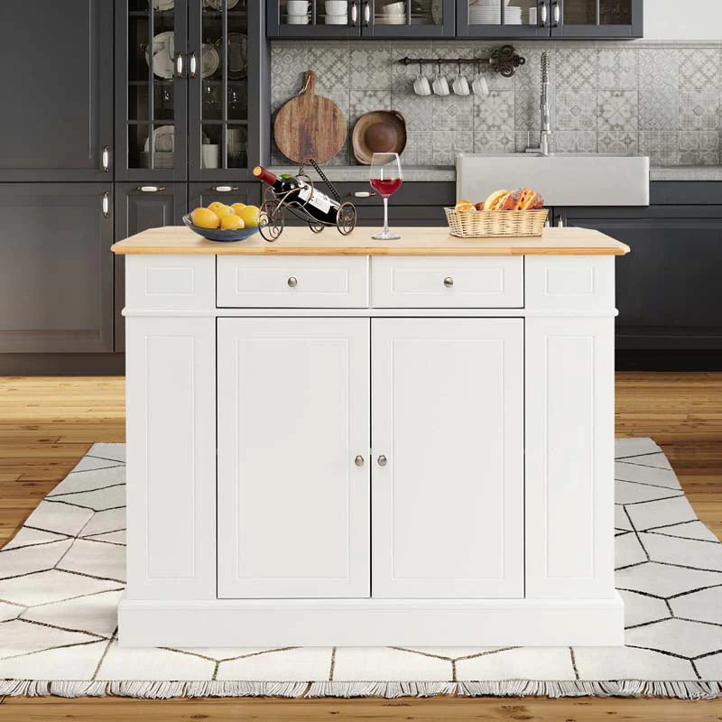 47" x36" x36" Rubber Wood Top Kitchen Island with Drop Leaf, 2 Drawers, Kitchen Storage Cabinets, Spice Racks, Adjustable Shelves