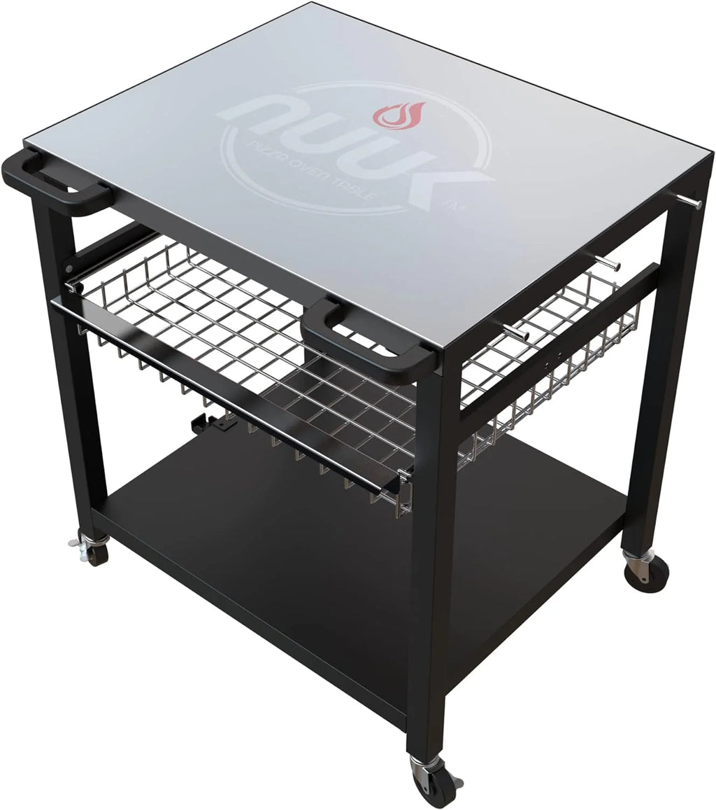 NUUK Outdoor Pizza Oven Table, Heavy Duty Rolling Prep Station with Three Shelves, 24′′x30′′, Stainless or Solid Steel