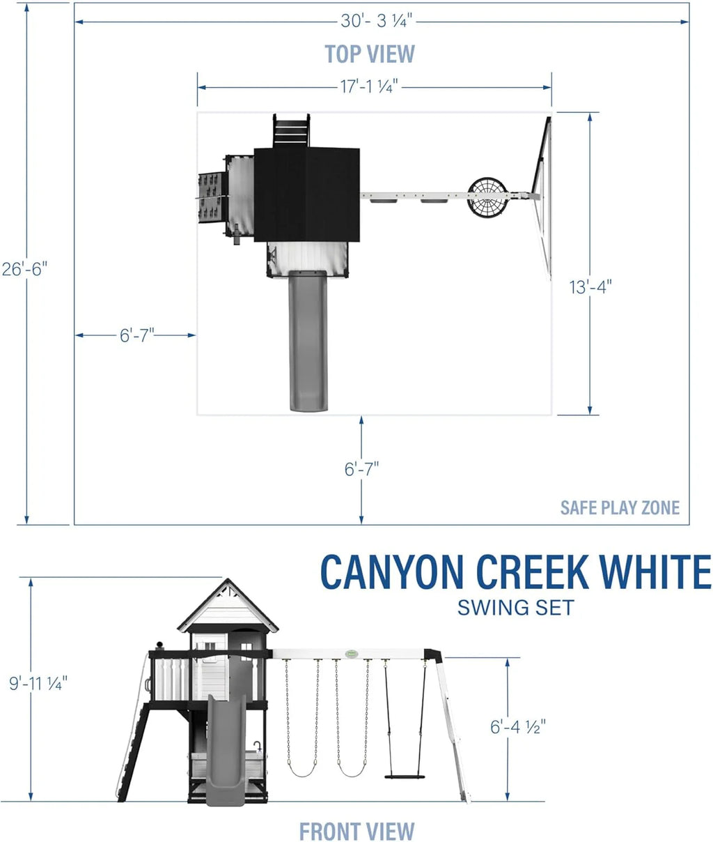 Canyon Creek Cedar Wood Swing Set with Wave Slide, Clubhouse, Play Kitchen, Picnic Area, Belt Swings, Web Swing, Rock Wall, Balconies, Playhouse, Step Ladder, Outdoor Playset