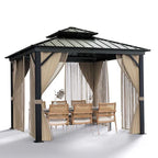 10x10 Hardtop Gazebo with double metal roof, aluminum frame, net, and curtain. All-weather, ideal for patio, deck, garden, backyard. Khaki.