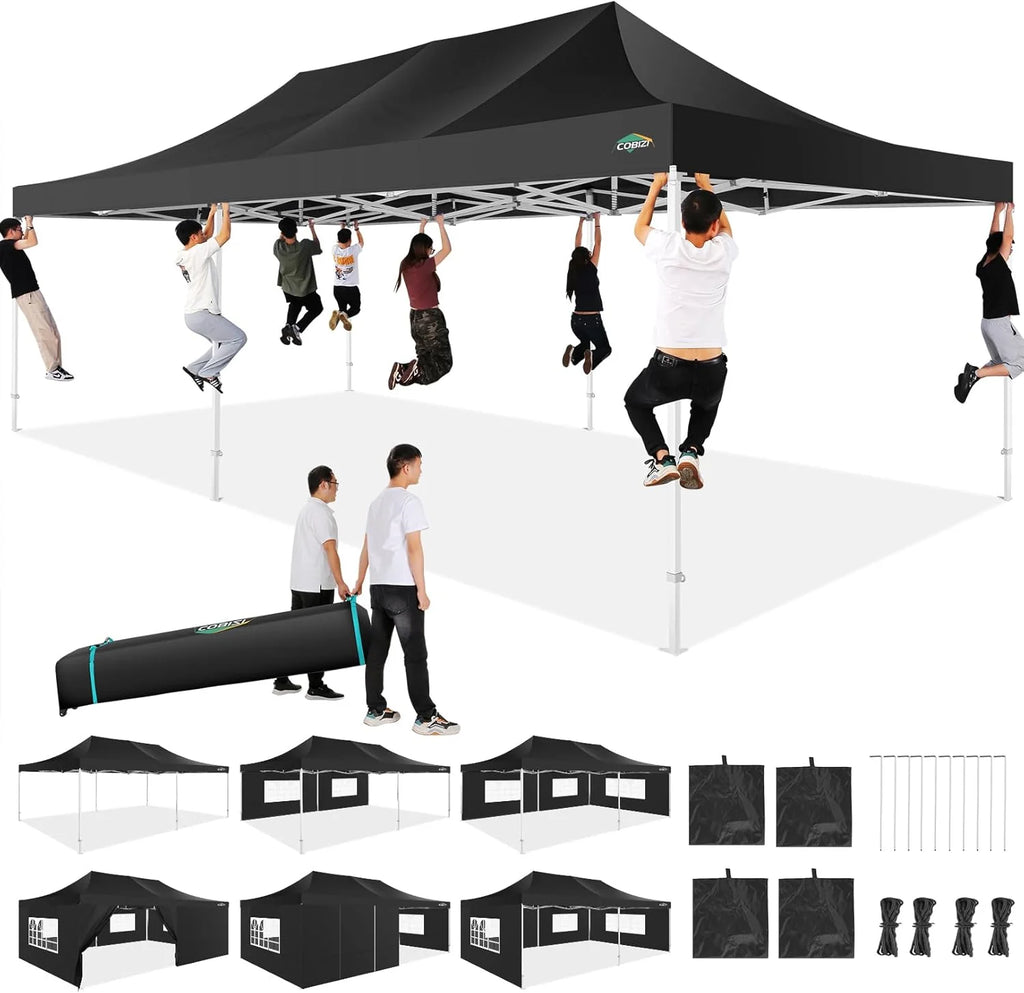 COBIZI 10x20 Heavy Duty Pop up Canopy Tent with 6 sidewalls Easy Up Commercial Outdoor Canopy Wedding Party Tents for Parties All Season Wind & Waterproof Gazebo with Roller Bag,Black(Frame Thickened)