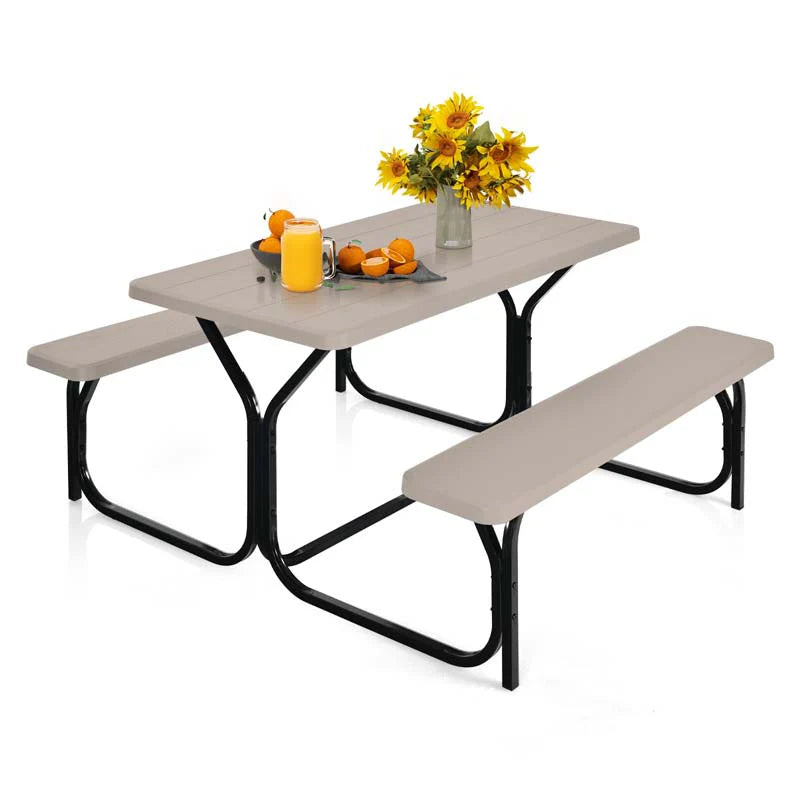 Outdoor Picnic Table Bench Set, All-Weather Dining Table Set, Metal Base Wood-Like Texture, Large Camping Table for Lawn Garden Backyard