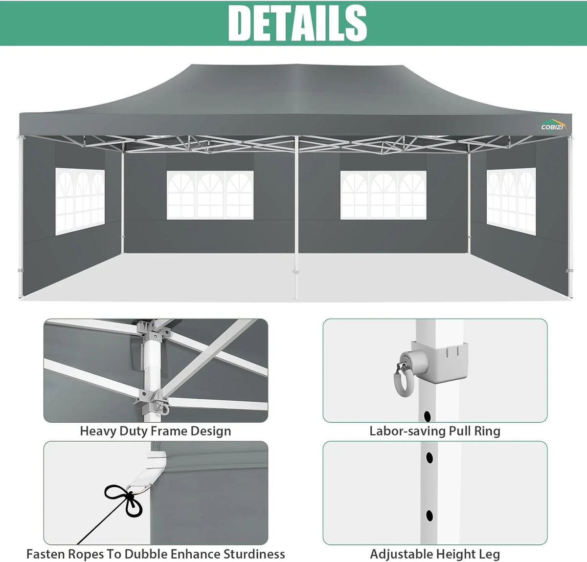 COBIZI 10x20 Heavy Duty Pop up Canopy Tent with 6 sidewalls Easy Up Commercial Outdoor Canopy Wedding Party Tents for Parties All Season Wind & Waterproof Gazebo with Roller Bag,Black(Frame Thickened)
