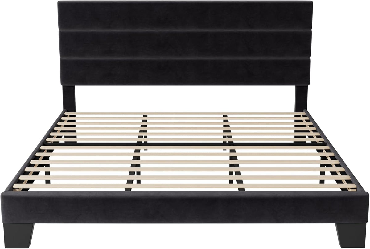 Allewie King Size Platform Bed Frame with Velvet Upholstered Headboard and Wooden Slats Support, Fully Upholstered Mattress Foundation/No Box Spring Needed/Easy Assembly, Black