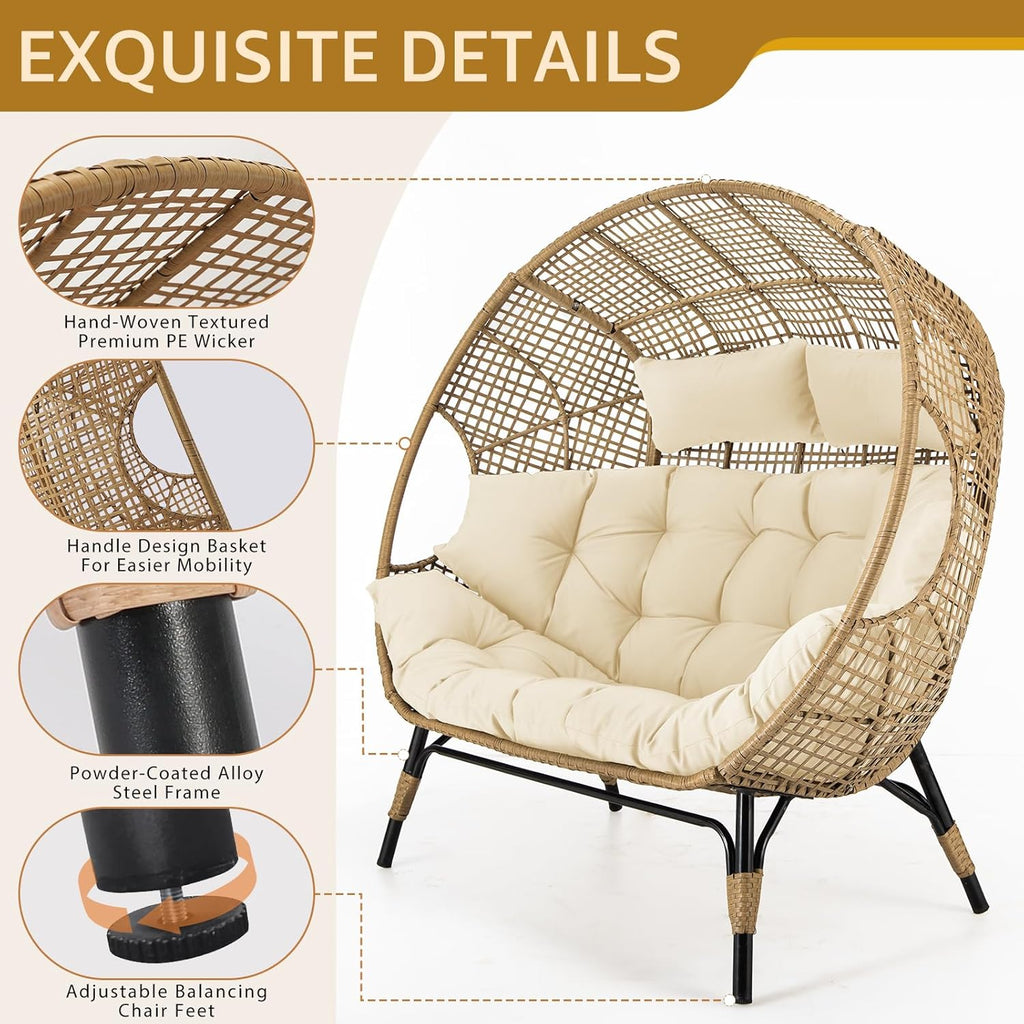 NICESOUL® Double Egg Chair Indoor Outdoor Stationary Oversized 6.5" Thick Padded Cushions 2 Person Egg Wicker Loveseat Chair 680 lbs Extra Large Lounge Chair for Patio Balcony Porch Backyard Beige
