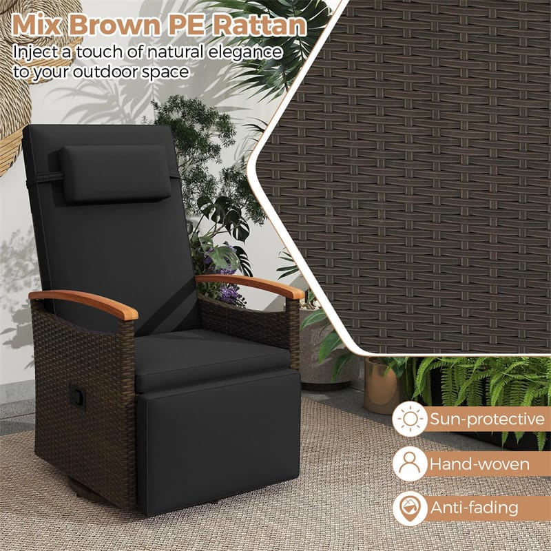 Outdoor Rattan 360�� Swivel Recliner Chair, Patio Wicker Chaise Lounge Chair with Adjustable Backrest & Footrest, Flip Side Table & Cushions