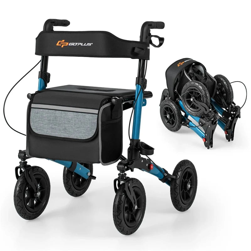 2-in-1 Folding Rolling Rollator Walker with Seat, 9" All-Terrain Pneumatic Tires & Height Adjustment, Aluminum Mobility Walking Aid for Seniors