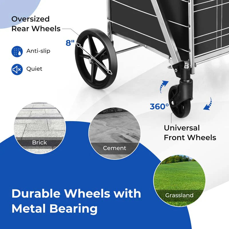 27.5 Gallon Jumbo Folding Shopping Cart with Waterproof Liner & Double Basket, Heavy Duty Portable Utility Cart for Grocery Market Laundry