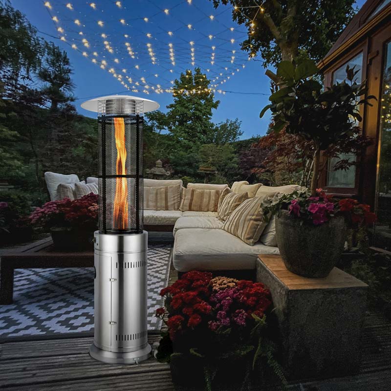 41000 BTU Standing Propane Patio Heater with Wheels, Stainless Steel Round Glass Tube Gas Outdoor Heater
