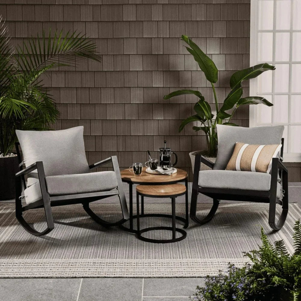 Better Homes & Gardens Marlow Outdoor 2pk Patio Rocking Chairs,Black Frame/Gray Cushion
